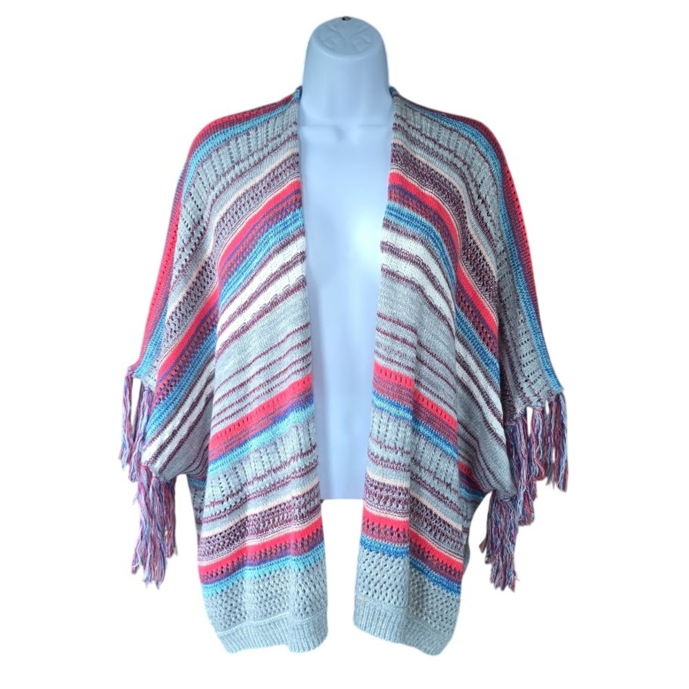 Julia Striped Poncho Cardigan‎ Womens OS Open Front Boho Fringe Pointelle Kimono